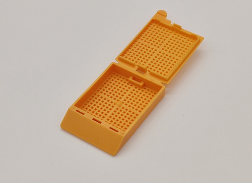 [GEN-GS-1095N] plastic biopsy tissue cassettes with attached lid 35 angled face large writing area orange 